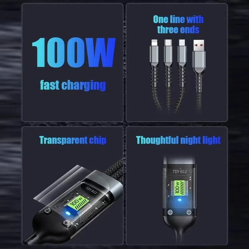 3 In 1 Usb 100w Cavo di ricarica per qualsiasi dispositivo. Ingresso principale USB, con 3 uscite.