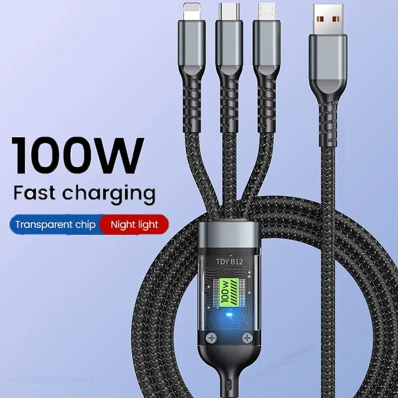 3 In 1 Usb 100w Cavo di ricarica per qualsiasi dispositivo. Ingresso principale USB, con 3 uscite.