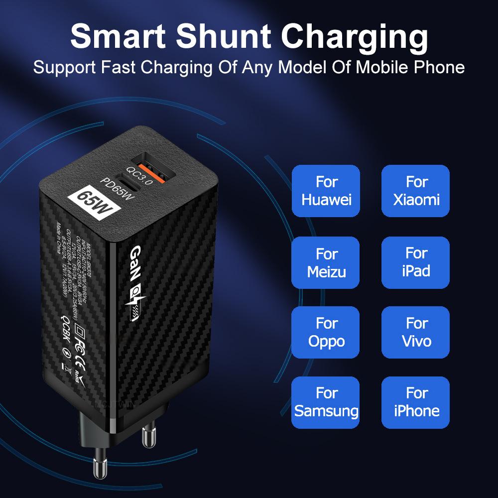 Caricatore GaN 65W Doppia Porta USB-C e USB-A – Ricarica Rapida per Laptop, iPhone e Android – Spina EU/US/UK