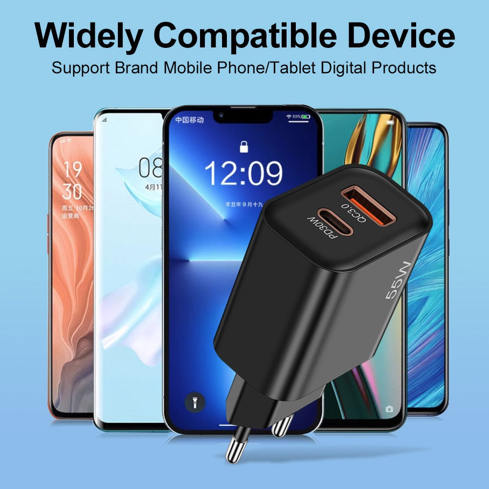 Caricatore 55W Super Ricarica Rapida – Doppia Porta USB-C e USB-A – Compatibile iPhone, Samsung e Huawei – Spina EU/US
