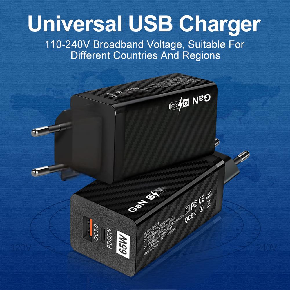 Caricatore GaN 65W Doppia Porta USB-C e USB-A – Ricarica Rapida per Laptop, iPhone e Android – Spina EU/US/UK