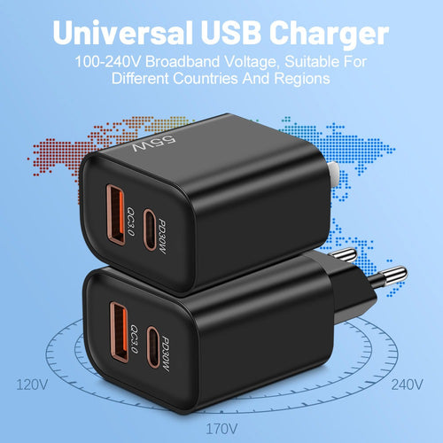 Caricatore 55W Super Ricarica Rapida – Doppia Porta USB-C e USB-A – Compatibile iPhone, Samsung e Huawei – Spina EU/US