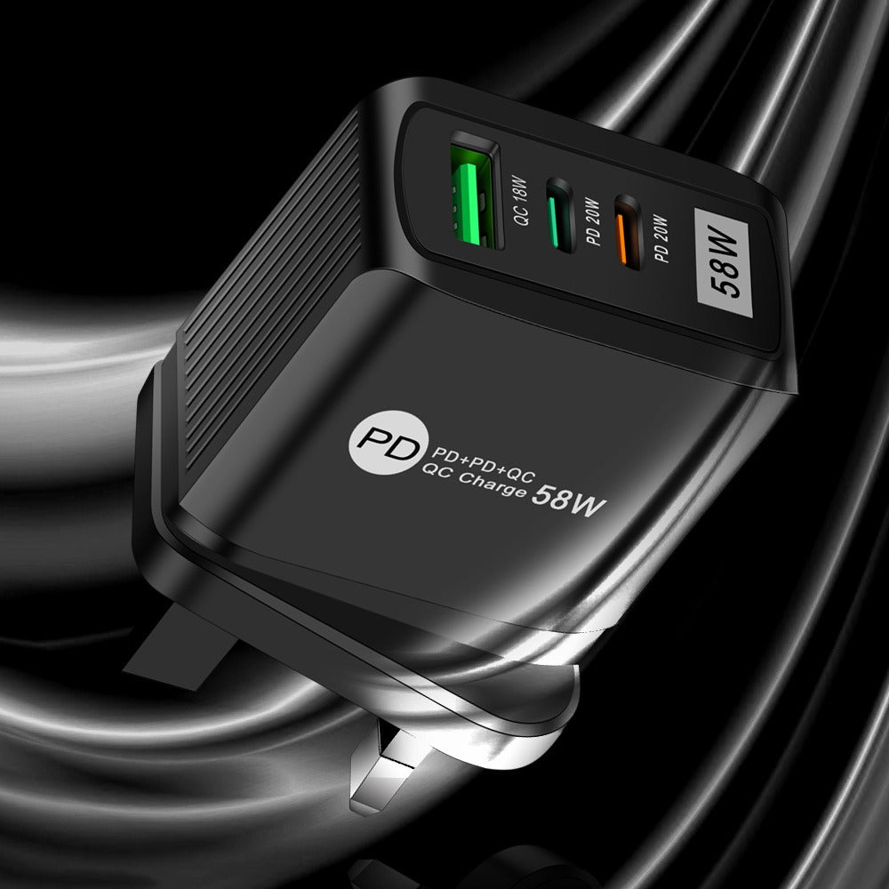 Caricatore 58W Tripla Porta 2PD + QC3.0 – Ricarica Rapida per iPhone, Samsung e Android – Spina EU/US/UK