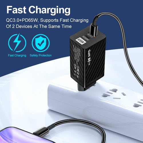 Caricatore GaN 65W Doppia Porta USB-C e USB-A – Ricarica Rapida per Laptop, iPhone e Android – Spina EU/US/UK