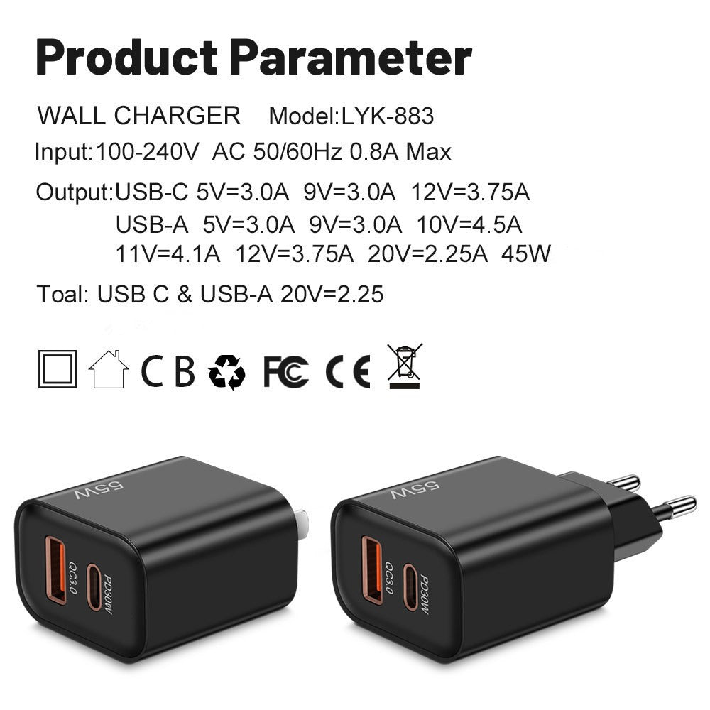 Caricatore 55W Super Ricarica Rapida – Doppia Porta USB-C e USB-A – Compatibile iPhone, Samsung e Huawei – Spina EU/US