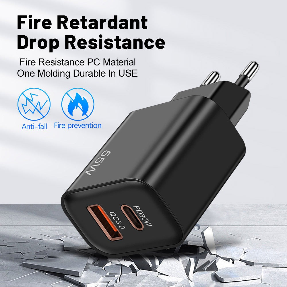Caricatore 55W Super Ricarica Rapida – Doppia Porta USB-C e USB-A – Compatibile iPhone, Samsung e Huawei – Spina EU/US