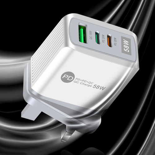Caricatore 58W Tripla Porta 2PD + QC3.0 – Ricarica Rapida per iPhone, Samsung e Android – Spina EU/US/UK