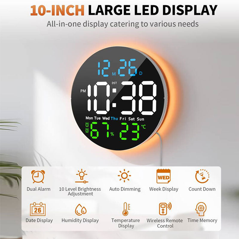Orologio da Parete Digitale LED 10" – Sveglia e Temperatura