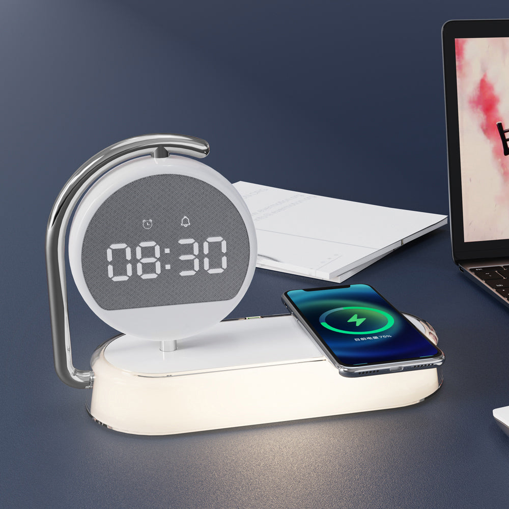 Stazione di Ricarica Wireless 3-in-1 – Sveglia e Luce Notturna